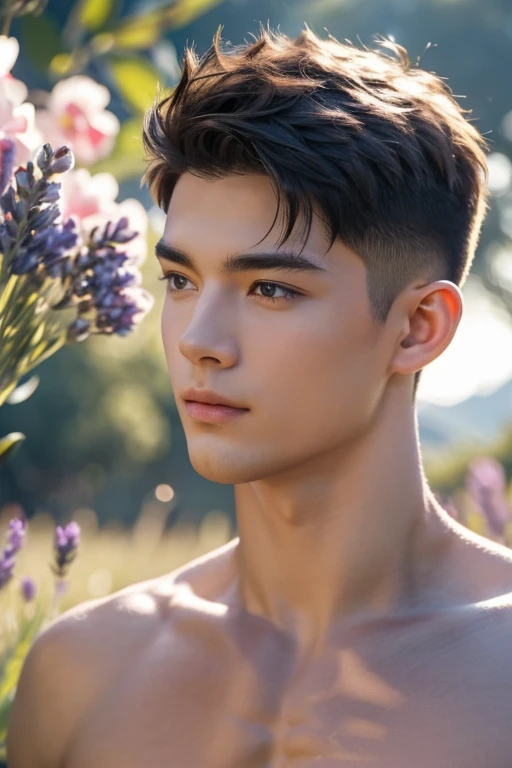 a young male model, athletic build, shirtless, ripped and sexy micro thong, strong confident pose, lavender flower field, (best quality, 4k, 8k, highres, masterpiece:1.2), ultra-detailed, (realistic, photorealistic, photo-realistic:1.37), HDR, UHD, studio lighting, highly detailed eyes and face, vibrant colors, bokeh