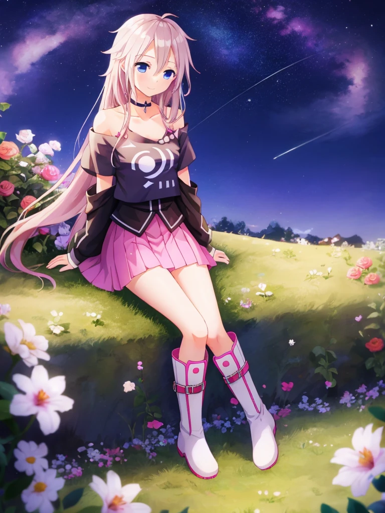 one girl, IA, vocaloid, skirt, black shirt, off shoulder, choker, beautiful, girl from other planet, happy, mysterious girl, boots, sitting on garden ground, full body, hold knee, gaze at sky, night sky,