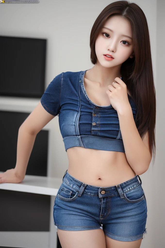 the most beautiful face of a  actress, perfect proportions of female body, black t-shirt is worn on female breasts, panties are seeable thanks to low rise denim shorts are too short, crotch between legs of a female, standing, nsfw, best quality, highly detailed, masterpiece, ultra high res, photo realistic, 8k