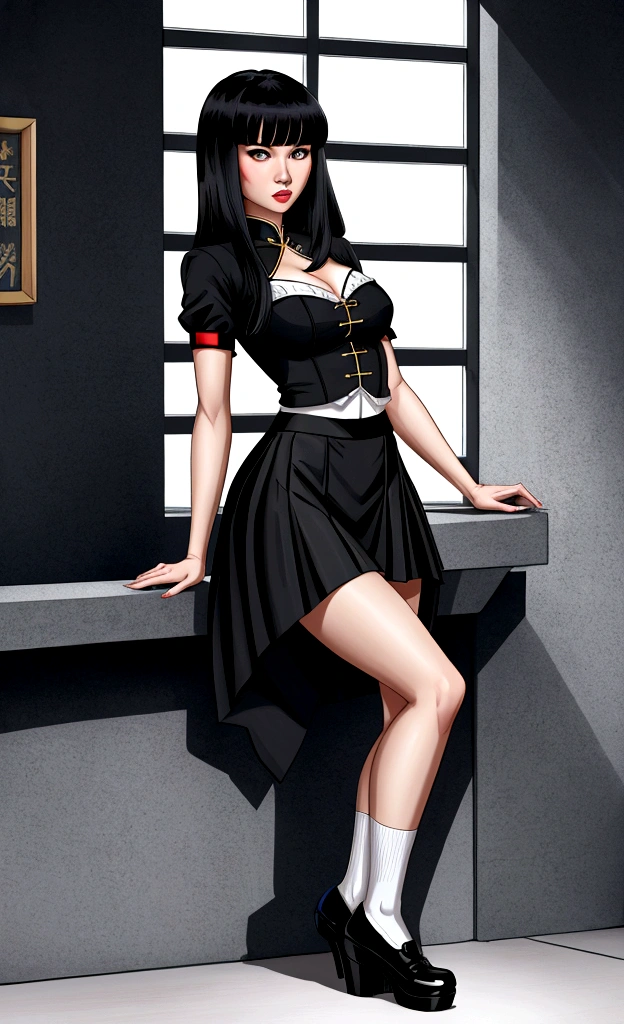 American Chinese, with bangs, Thick hair, Long полосатая кофта, "Long" Black skirt, lolita shoes, Bruce Wayne's daughter