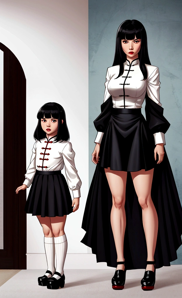 American Chinese, with bangs, Thick hair, Long полосатая кофта, "Long" Black skirt, lolita shoes, Bruce Wayne's daughter
