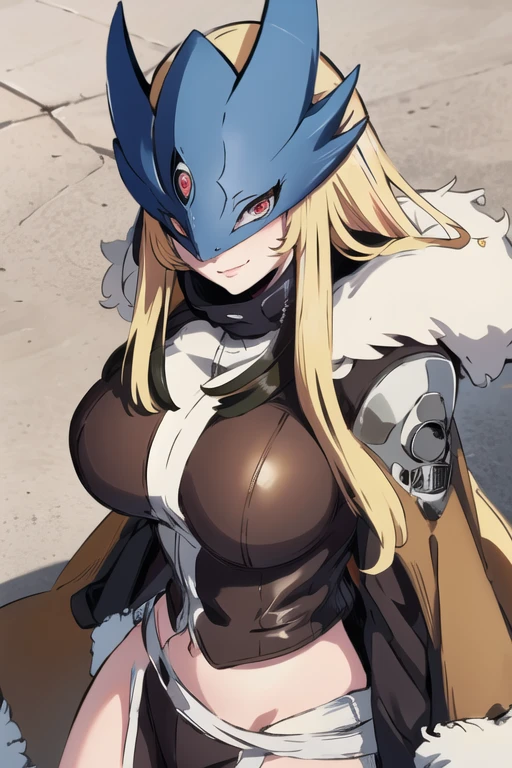 ((masterpiece,best quality)), absurdres, Beelstarmon_Digimon, 1girl, smile, solo,  blonde hair, large breasts, red eyes, sidelocks, third eye, mask,  (fur coat:1.5), cowboy shot, gloves, leather pants 