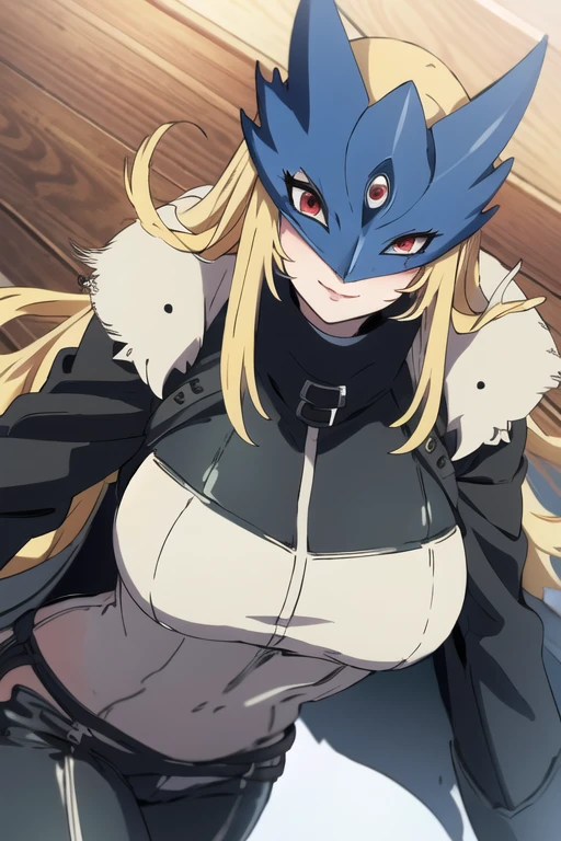 ((masterpiece,best quality)), absurdres, Beelstarmon_Digimon, 1girl, smile, solo,  blonde hair, large breasts, red eyes, sidelocks, third eye, mask,  (fur coat:1.5), cowboy shot, gloves, leather pants 