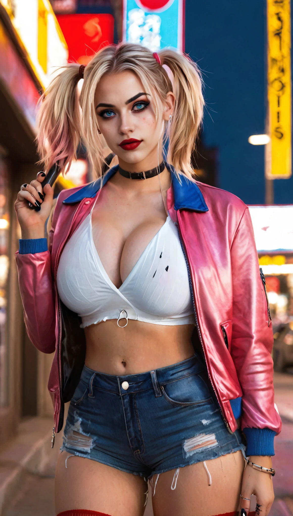 A fierce female character stands confidently in the center of a dark, psychotic smile, gritty urban street at night. She has strikingly bold makeup with heavy eyeliner and bright red lipstick. Her hair is styled in two high pigtails, with one side dyed pink and the other side dyed blue. She is dressed in a torn white shirt with "Daddy's Lil Monster" written on it, Harley Quinn look, paired with a shiny red and blue bomber jacket. She also wears a pair of fishnet stockings, very short ripped red and blue shorts, and a studded belt. She holds a baseball bat over her shoulder with a determined expression on her face. The background features blurred storefronts with neon lights, adding to the urban, chaotic atmosphere. The overall vibe of the image is rebellious and edgy. Distant full body view, ultra realistic photo, 16k, vibrant colors