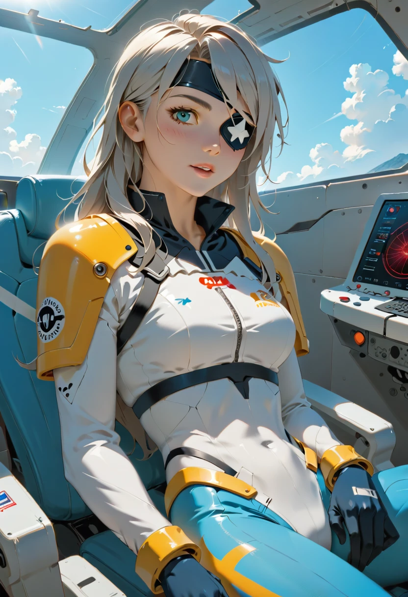 Realistic,flying machine,mecha,cable,plane,solo,1 girl,a Mecha Wasp plane,piloted by 1 female pilot. The plane has a detailed mechanical structure,clear mechanical wings,glowing wings,glow,Blue flame,yellow and white mechs,The characters are all in the cockpit,high quality,realistic,high resolution,using Unreal Engine,3D rendering,Zbrush,science fiction,robots,flying in caves,ready to reveal the true colors of ZergGirl,beautiful,dressed,many details,((Short white hair)),((Future), scars on my face, disfigured face, scars above my eyebrow, girl, (((Wave hair)), HD, more details, beauty is in the details, (((Pilot clothes)), (pilot girl),