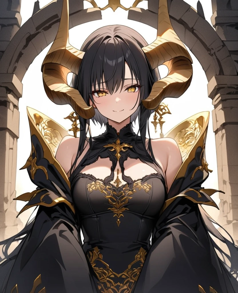 ((Fantasy,masterpiece,Highest quality,High resolution,finely)),(In front of the altar of the ancient ruins、With a nihilistic smile、Leaning on a giant battle axe that was sunk into the ground、A beautiful girl with long black hair and golden eyes,Two dragon horns growing from his head),Shoulders are exposed,Black gothic ta costume with gold embroidery,Composition from the upper body up,The presence of an absolute champion