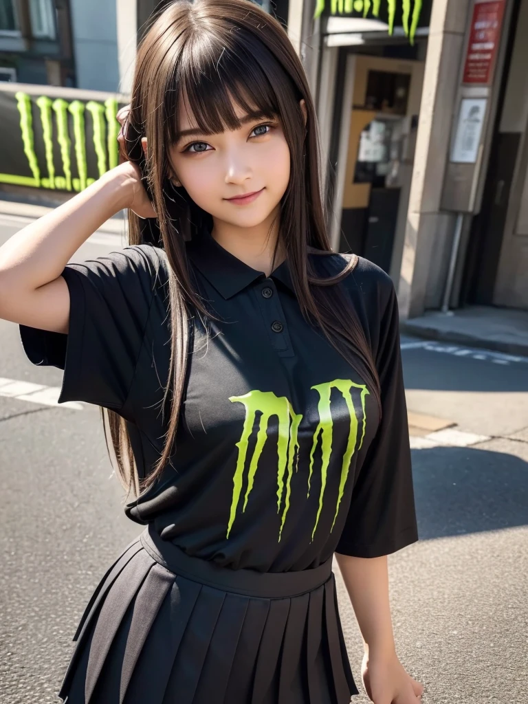 (8k, RAW Photos, Highest quality, masterpiece:1.2), (Realistic, photo-Realistic:1.4), (Highly detailed 8K wallpapers), ((Full Body Shot)), (1 girl), Sharp focus, Depth of written boundary, Cinematic lighting, Soft Light, 緻密な美しさのeye, eye_Chan, Very beautiful 17 year old girl, innocent big eyes, Realistic, photo Realistic, Highly detailed cute girl, (Thin thighs), (Model Body Type), 18-year-old, (((Monster Energy Yamaha MotoGP polo shirt))), ((Micro Mini Pleated Skirt)), (((Fold your arms in front of your chest and act arrogantly))), ((A happy smile)), Parted lips, Watching the audience, (On the streets of Britain) , (Brown Hair),(Long Bob Hair), (Asymmetrical bangs)