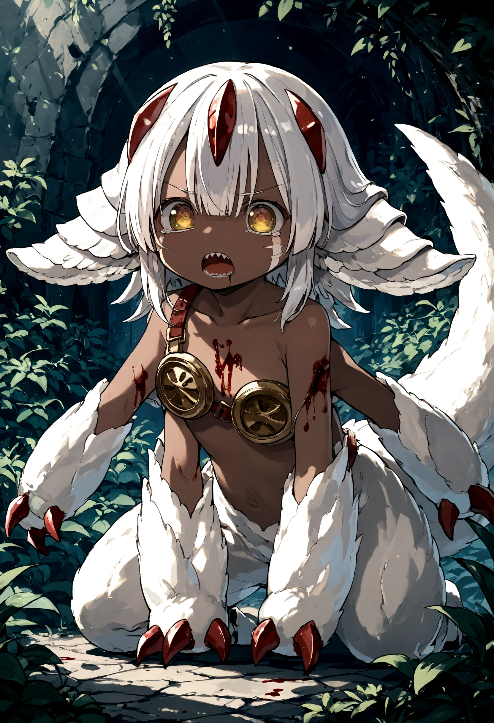 (score_9, score_8_up), score_7_up, score_6_up,masterpiece,hd,best quality, source_anime,rating_safe,solo,1female\(Faputa\(made in abyss\),chibi,dark skin,dark-skinned girl,white hair,short hair,(4arms:1.3),red claws,multiple tails,yellow eyes,white fur,animal ears,metal bra\(strapless\),feral,crawl around on all fours,age of 8,dynamic pose,angry face,open mouth,sharp teeth,bloody,she is the princess of the abyss,open stomach,in fight\) is fighting against the creatures of abyss rending them, BREAK ,background\(magnificent spectacle huge nature,strange animals,bloody,gruesome,effect of action\), BREAK ,quality\(8k,wallpaper of extremely detailed CG unit, ​masterpiece,hight resolution,top-quality,top-quality real texture skin,hyper realisitic,increase the resolution,RAW photos,best qualtiy,highly detailed,the wallpaper,cinematic lighting,ray trace,golden ratio\),[nsfw:2.0],dynamic angle,(bloody scene:1.4)