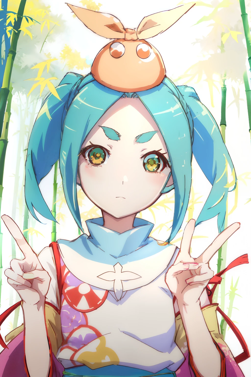 peace sign, tilt one's head, face, reflect one's face, Photograph only the face, best quality, One person, yotsugi_ononoki, ononokihat, yotsugiononoki,Facing forward、Expressionless、Ultra delicate、Detailed、Making a peace sign with your eyeaking a peace sign with your index and middle fingers、The background is a bamboo forest、Reverse Peace Sign、Capture only your face