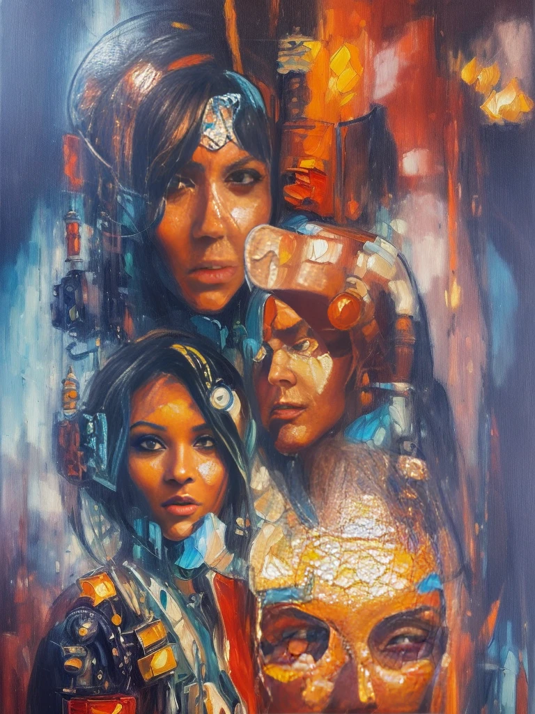 An ultra hot gorgeous European woman.age 23. ((Cyberpunk. Time traveler)). masterpiece, best quality,((illustration. oil painting))