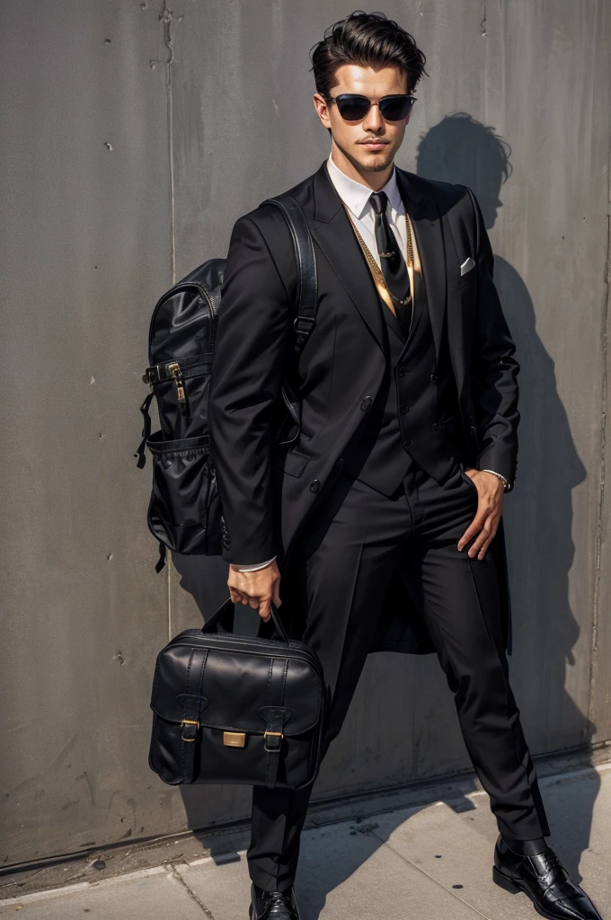 There is only ONE YOUNG MAN with his back to the camera, looking over his shoulder. He is Caucasian, has fair skin, a thin nose, short black hair and a beardless mustache. He is wearing black Rayban aviator sunglasses WITH A BLACK LENS. Dressed in a BLACK SUIT WITH A purple tie, black dress shoes with gold details. He is holding a brown canvas backpack.