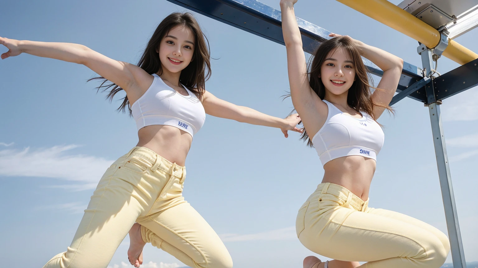 1 Girl, Beautiful, , 20 Years Old, White Skin, Bare Breasts, Sexy Pose, Gymnastic Outfit, , Muscles, Bokeh, In the Zero Gravity Experience, Masterpiece,Wearing a sports bra and Tight yellow jeans,(((Pose jumping from a height)))), Joyful facial expressions,Waving your arms in the air,with one's legs spread at 180 degrees