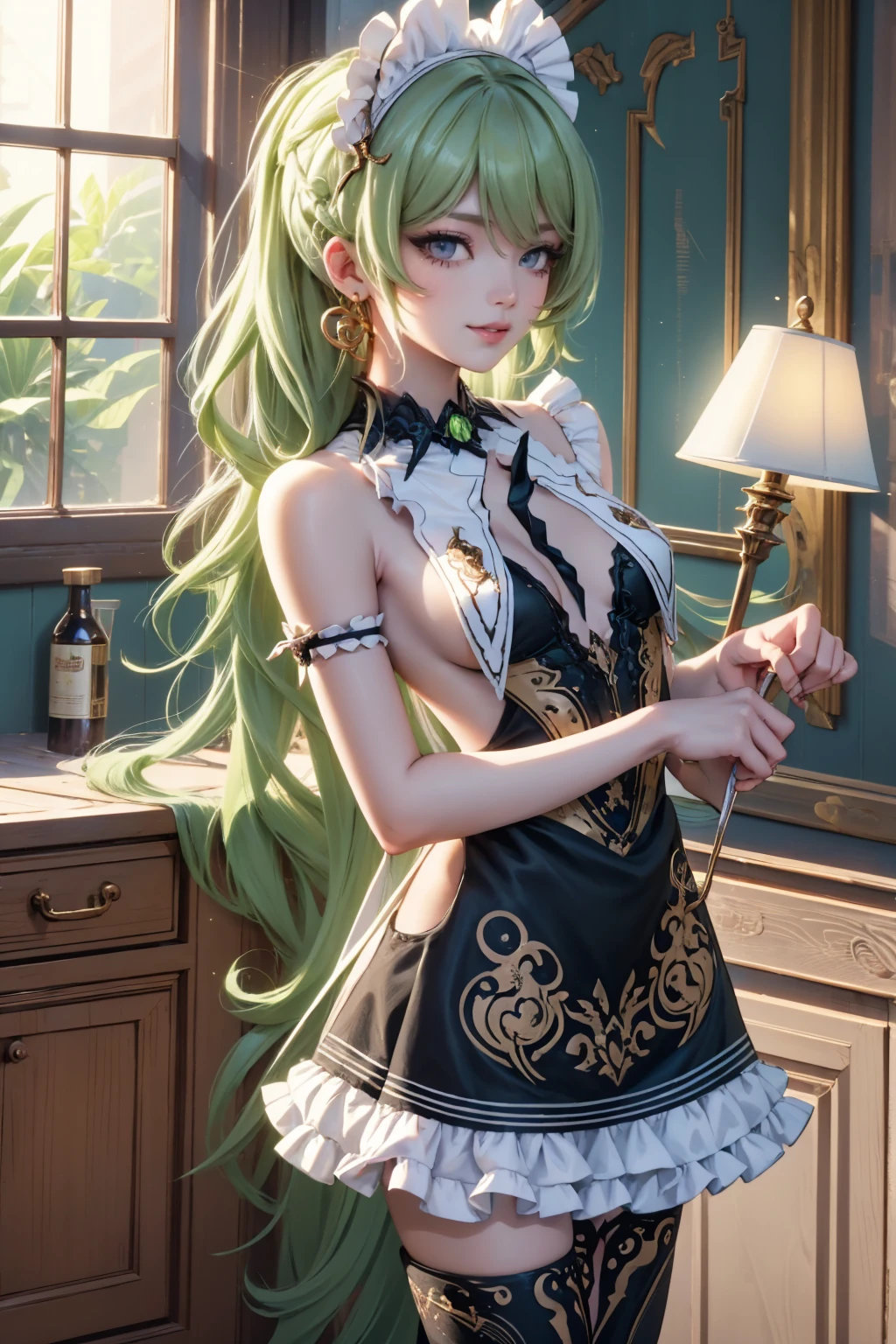 Mobius_(honkai impact 3d), bakery, holding a pastry brush, bakery utensils, cooking a cake, ornament hair, a snake girl, perfectly body, perfectly hands, wave hair, light green hair, long hair, maid, maid dress, maid headdress, maid apron, stand up close to the window, kitchen, kitchen scenery, gold lantern, black dress, more details on her clothes, black dress, golden details, night, smiling, coat, ((4k, masterpiece, top-quality)),8k, best quality, high resolution, HD, (illustration:0.8), super cute girl, delicate and beautiful face, 1girl, solo, mature girl, super cute hairstyle, (beautiful detailed eyes:1.6), extremely detailed face, perfect lighting, extremely detailed CG, (perfect hands, perfect anatomy), Best quality, cleavage, skirt, full Body,