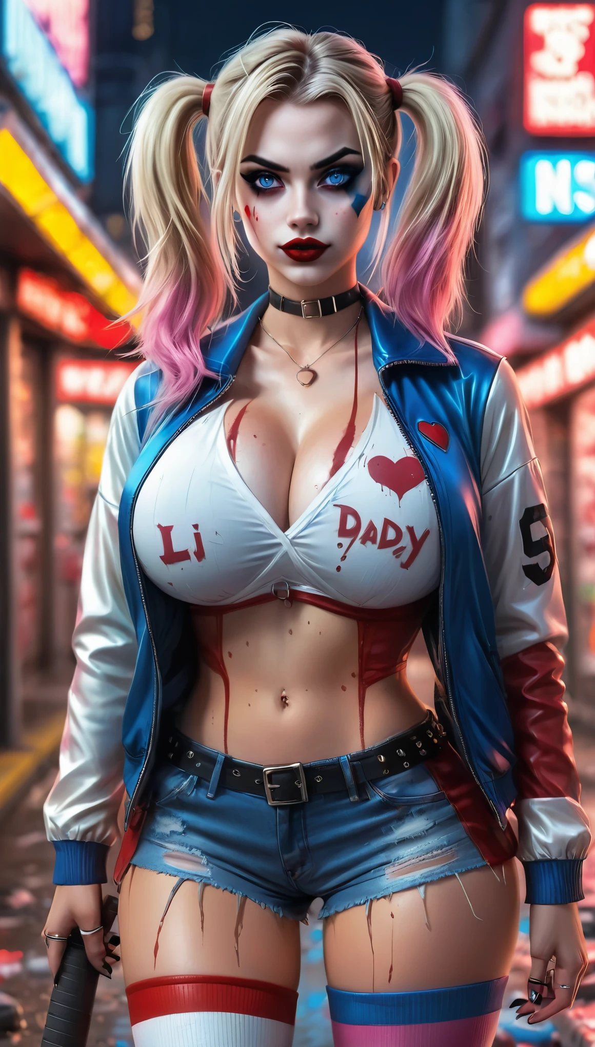 A fierce female character stands confidently in the center of a dark, psychotic smile, gritty urban street at night. She has strikingly bold makeup with heavy eyeliner and bright red lipstick. Her hair is styled in two high pigtails, with one side dyed pink and the other side dyed blue. She is dressed in a torn white shirt with "Daddy's Lil Monster" written on it, Harley Quinn look, paired with a shiny red and blue bomber jacket. She also wears a pair of fishnet stockings, very short ripped red and blue shorts, and a studded belt. She holds a baseball bat over her shoulder with a determined expression on her face. The background features blurred storefronts with neon lights, adding to the urban, chaotic atmosphere. The overall vibe of the image is rebellious and edgy. Distant full body view, ultra realistic photo, 16k, vibrant colors