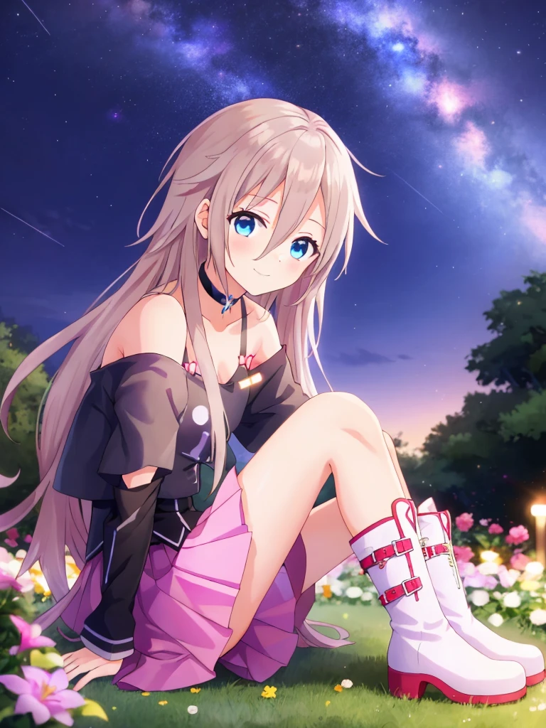 one girl, IA, vocaloid, skirt, black shirt, off shoulder, choker, beautiful, girl from other planet, happy, mysterious girl, boots, sitting on garden ground, hold knee, gaze at sky, night sky,