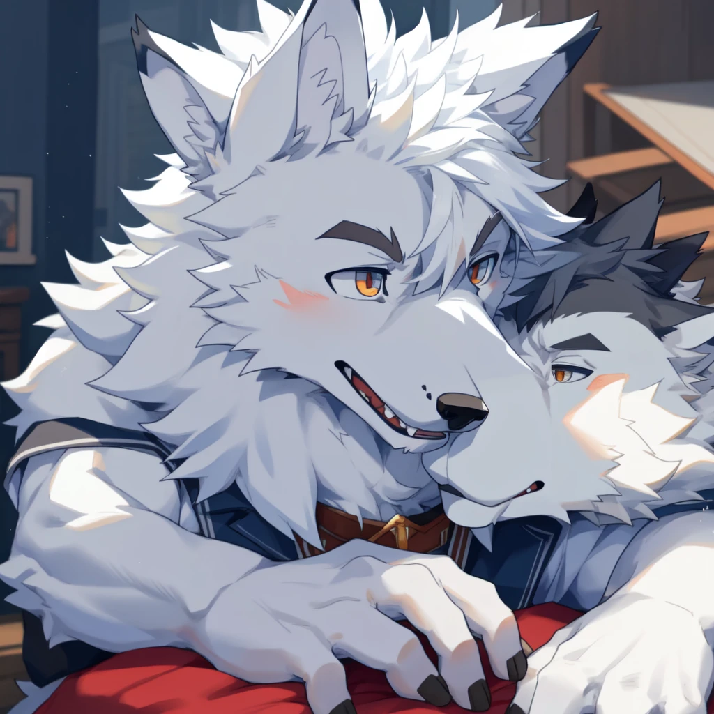 kemoshota, best quality,best resolution,(fluffy anthro furry :1.6),(young :1.6), albino white fox shota, albino whihte fur, 2boys kemoshota lovers, heavy breath, plenty drool, dynamic angle, penis, frot