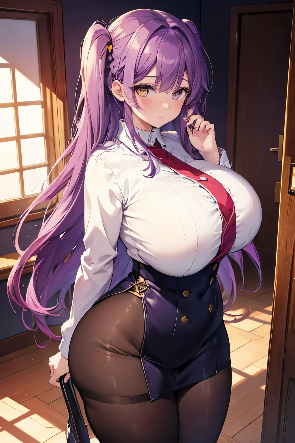 high quality, no errors, anime style, solo, 1 girl, wearing , bedroom with a study table, perfect curves, super huge breasts, huge fat ass, thick thighs, long wine purple hair, yellow eyes, flushed face , ashamed