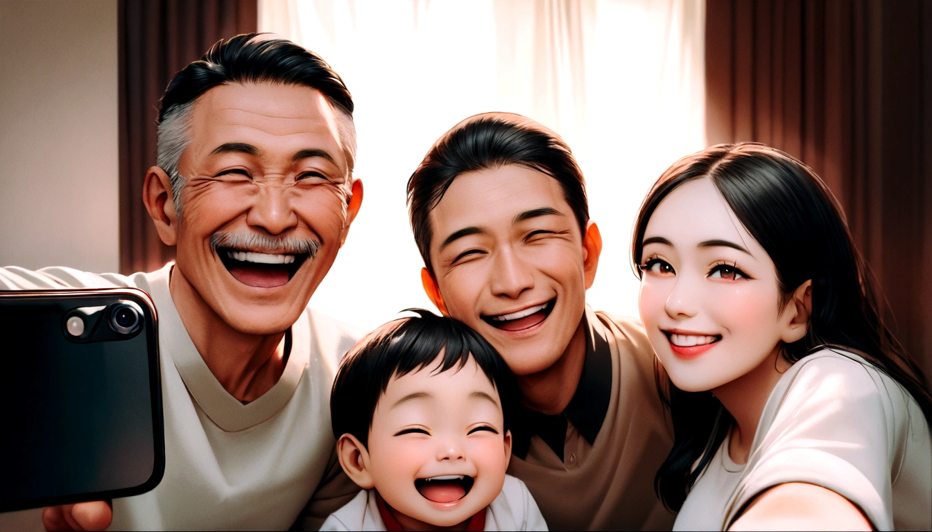 there is a man and woman and a  posing for a picture, happy family, with a kid, husband wife and son, panting, selfie photo, selfie!!!!!, an indonesian family portrait, with funny feeling, ismail, with ivy, at home, happy expression, happy couple, wry smile, with a happy expression, 4 0 years old man, selfie