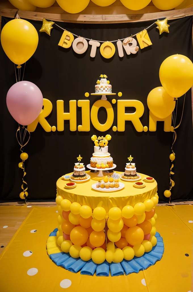1st birthday, yellow backgrounded small stage, with sides are two pooh images , round shaped baloons stand , cake cutting table