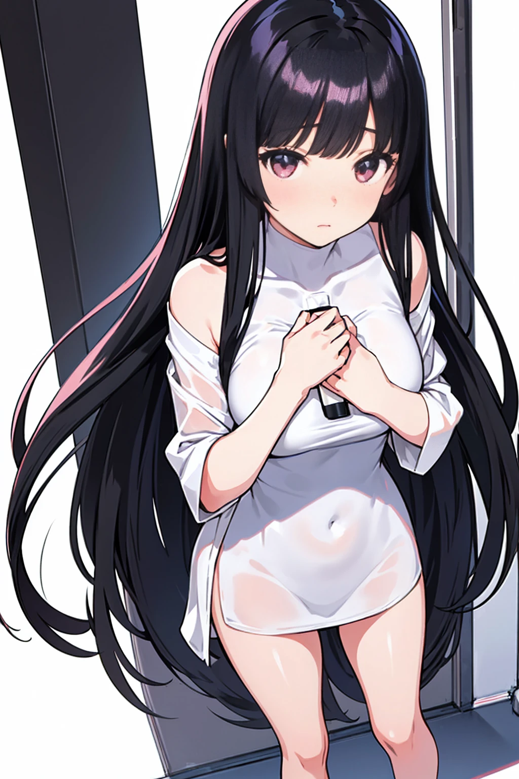 whole body,Standing posture, (alone,Shiny Hair,Hime cut,Black Hair,Long Straight Hair,Neat hair) (One girl, Normal milk), (beautifully drawn face:1.2) (Naked,) Embarrassed expression,Cover your chest with your hands,(White background)