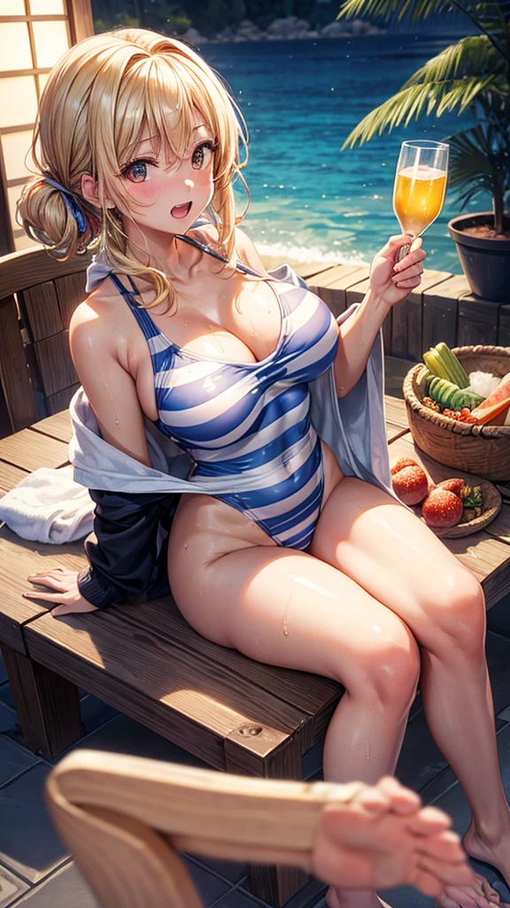 (highest quality)), ((masterpiece)), (Familiar), Perfect Face,Shiny skin,Beautiful breasts,Kyoto Animation style drawing,Shiny skin、hoodie、Sunburned skin、Sweat、Off the shoulder、((Striped swimsuit))、Double teeth、Sit on a chair、Leg spread
、Young、Big Breasts、Embrace、hot spring、dark skin、close、near、Having popsicles、night、Blonde、bath towel