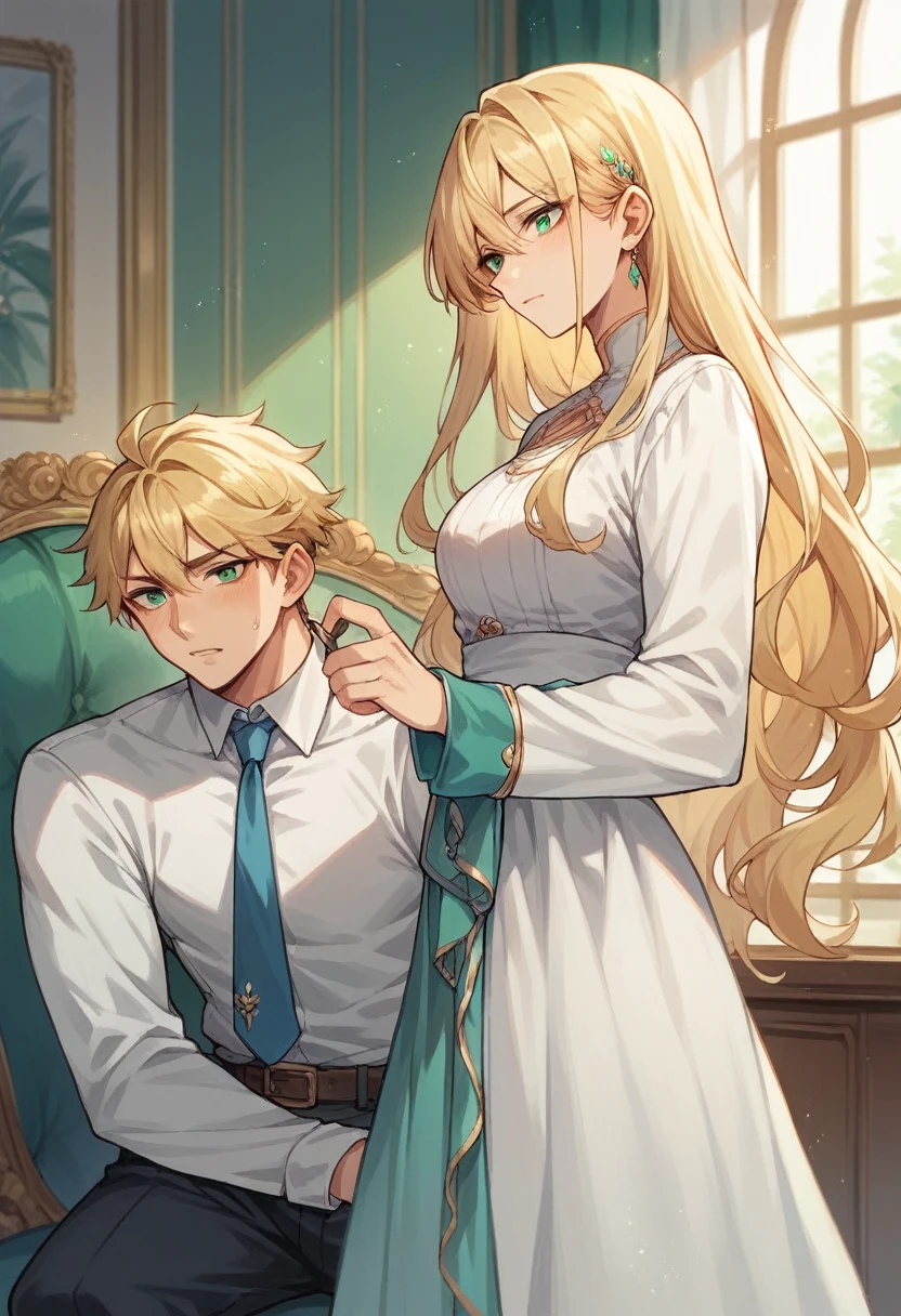 5 , （Handsome ((boy))）, blonde long hair, blue-green eyes, white clothes, playing in a luxurious room, anime style