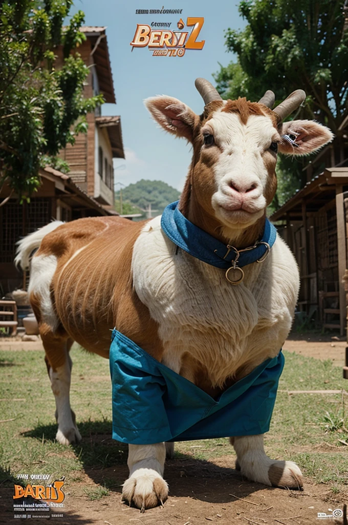 Buat poster gaya pixar berisi kambing dan sapi yang tersenyum dan memakai baju ala muslim