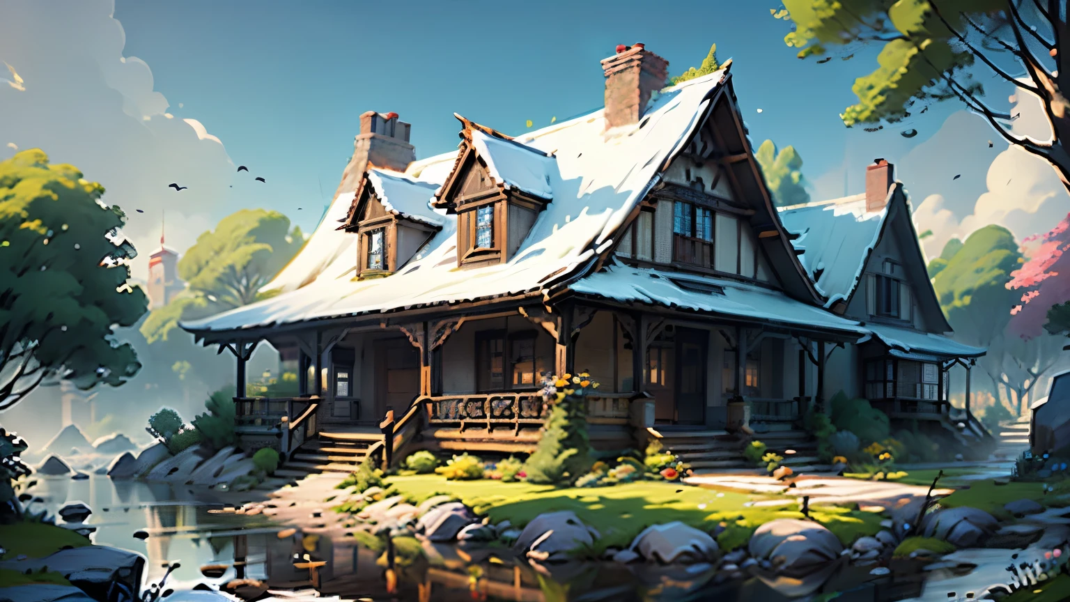 (8K, HD), A town, Lots of grass, nature, Beautiful town landscape, Perfect reflection, calm life, Dazzling sun, Flowers in bloom, Park Avenue, Festive mood, Peaceful atmosphere, cute building, light, Depth of Field, Ray Tracing, reflected light, (masterpiece:1.2), (best quality)