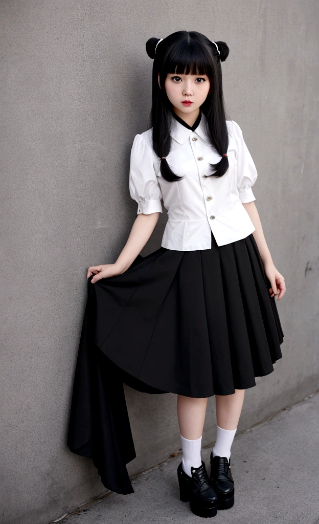 American Chinese, with bangs, Thick hair, Long полосатая_black and white) dug up, "Long" Black skirt, lolita shoes, Bruce Wayne's daughter