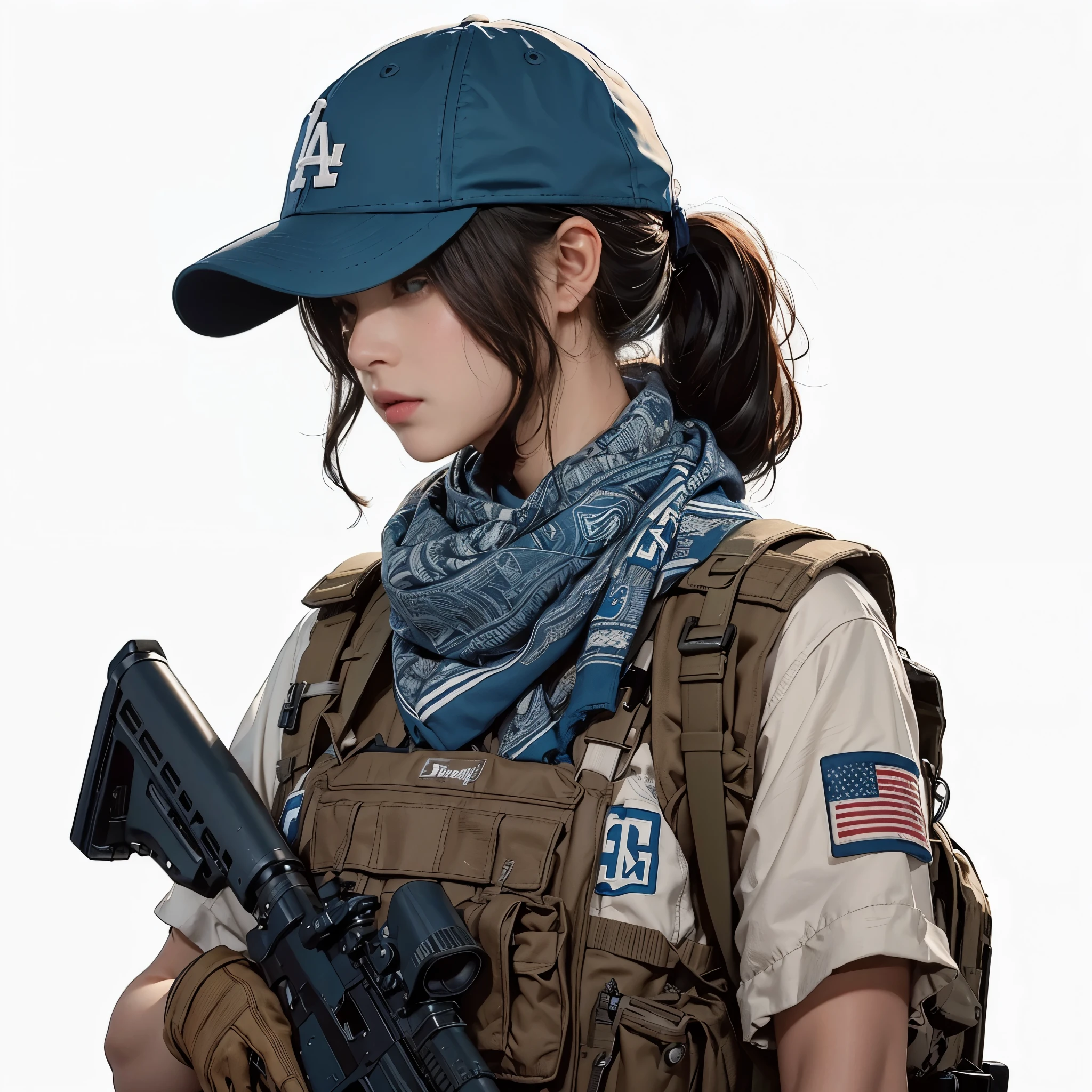 , photorealistic, 8k、Realistic Skin Texture、Superrealism、Automatic rifle、Dodgers cap