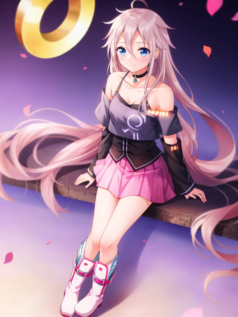 one girl, IA, vocaloid, skirt, black shirt, off shoulder, choker, beautiful, happy, boots