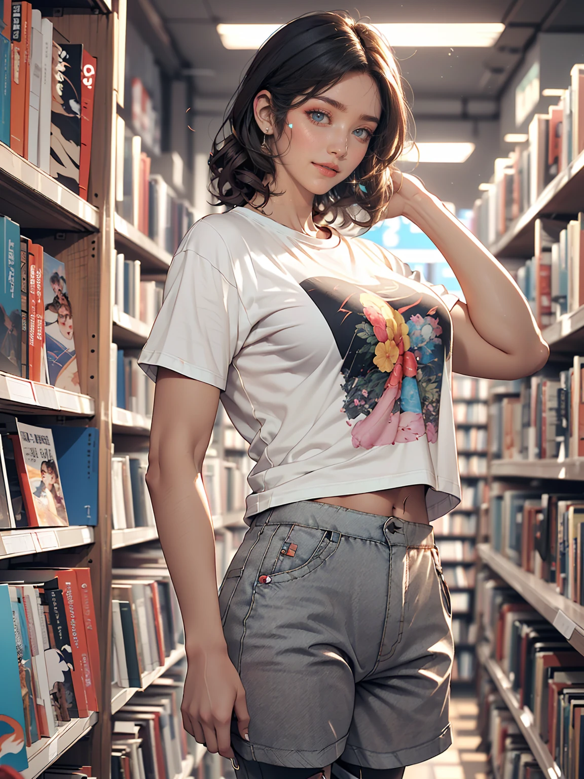 (8K, RAW photos, best quality, masterpiece:1.2), (realistic, photo-realistic:1.3)、26 year old Japanese woman、hair is gray、Eye color is dark blue, laugh, high definition face, Curly short hair、venus body、 C cup breasts, Sagging breasts due to gravity, (((Bookstore에서 어깨를 드러낸 그녀, Bookstore (((big t-shirt and short pants)))))), Glowing skin under bright lights, photometry, (((slim body)))