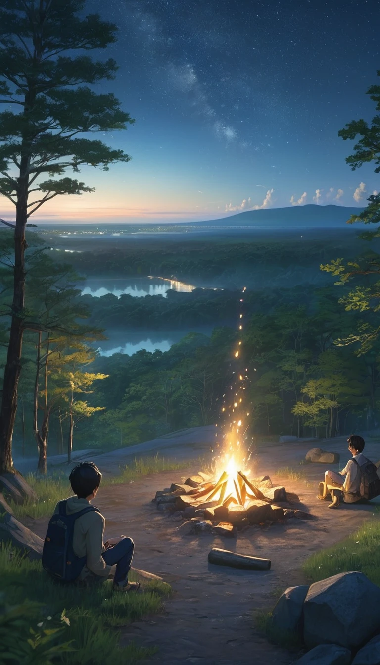 terrain, summer, nighttime, forest, Campfire in one place, Unmanned, no one, starry sky, HD details, Special details, film, hyperrealism, soft light, Deep focus bokeh, Ray tracing, hyperrealism. , Pixiv Gwise Art Station, Makoto Shinkai, art germs
