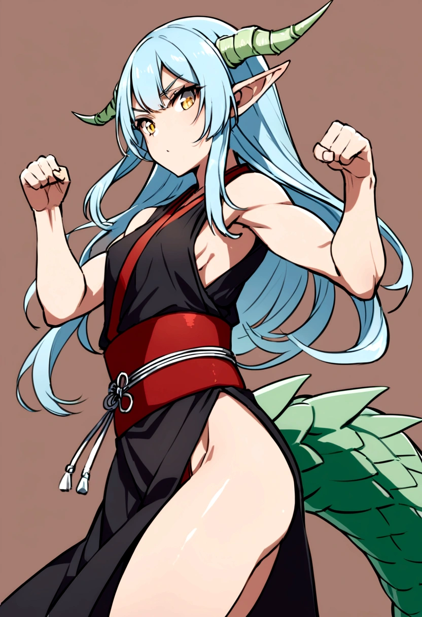 cute young girl, light blue hair, long hair, small braids hair, yellow eyes, dragon horn, dragon tail, elf ear, muscular body, small breast, sexy japanese outfit, fight pose