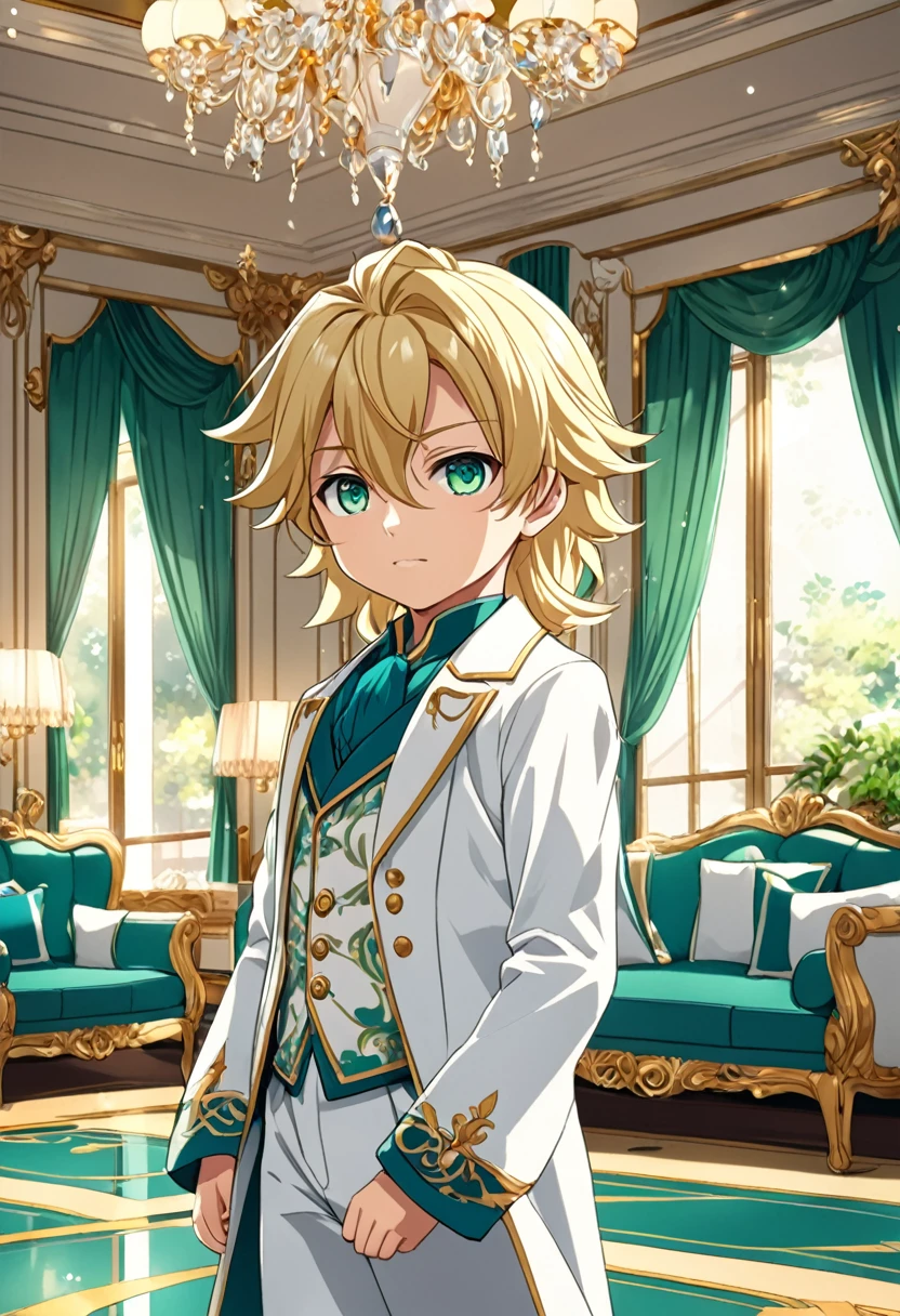 5 , （Handsome ((boy))）, blonde long hair, blue-green eyes, white clothes, playing in a luxurious room, anime style