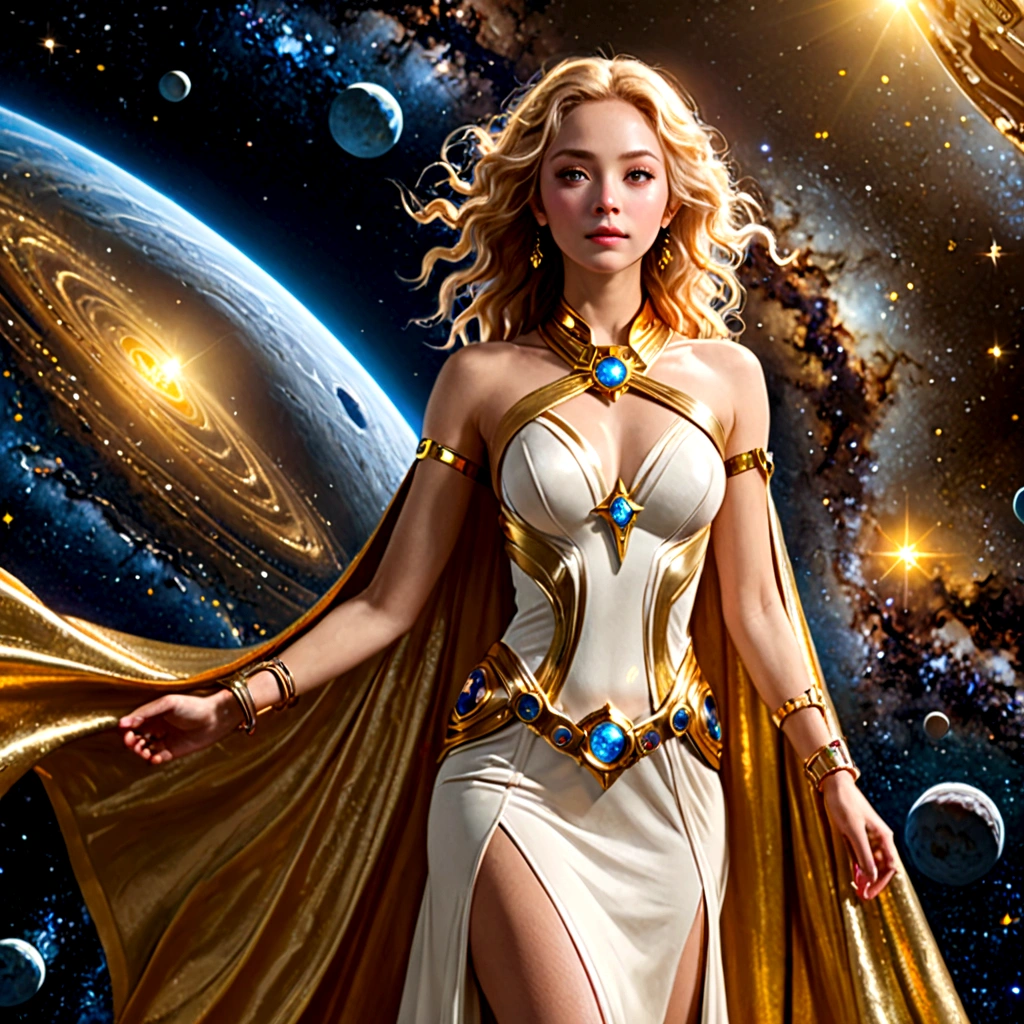 (masterpiece、Highest quality、High resolution、8k)、((Alone in space、Beautiful Goddess、Standing posture))、(whole body)、Golden Cape、White long dress、Sleeveless、Gold Bracelets、Blonde、Beautiful brown eyes、Elegant operation、Professional Lighting、The universe is full of light、Countless stars and nebulae、