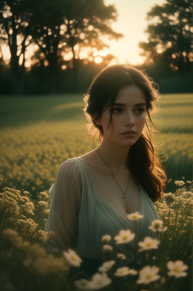 a beautiful young woman in a field of flowers, natural lighting, cinematic, dreamy, nostalgic, film grain, shallow depth of field, soft colors, warm tones, (best quality,4k,8k,highres,masterpiece:1.2),ultra-detailed,(realistic,photorealistic,photo-realistic:1.37),cinematic lighting,film photography,medium format,35mm film,analog photography,moody,atmospheric,romantic,ethereal