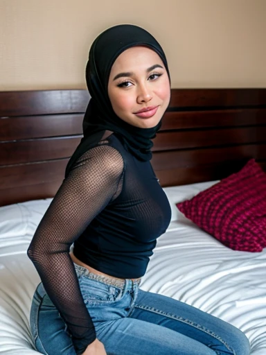 Potrait shot, Hijab girl tight fishnet clothed on the bed, outdoor