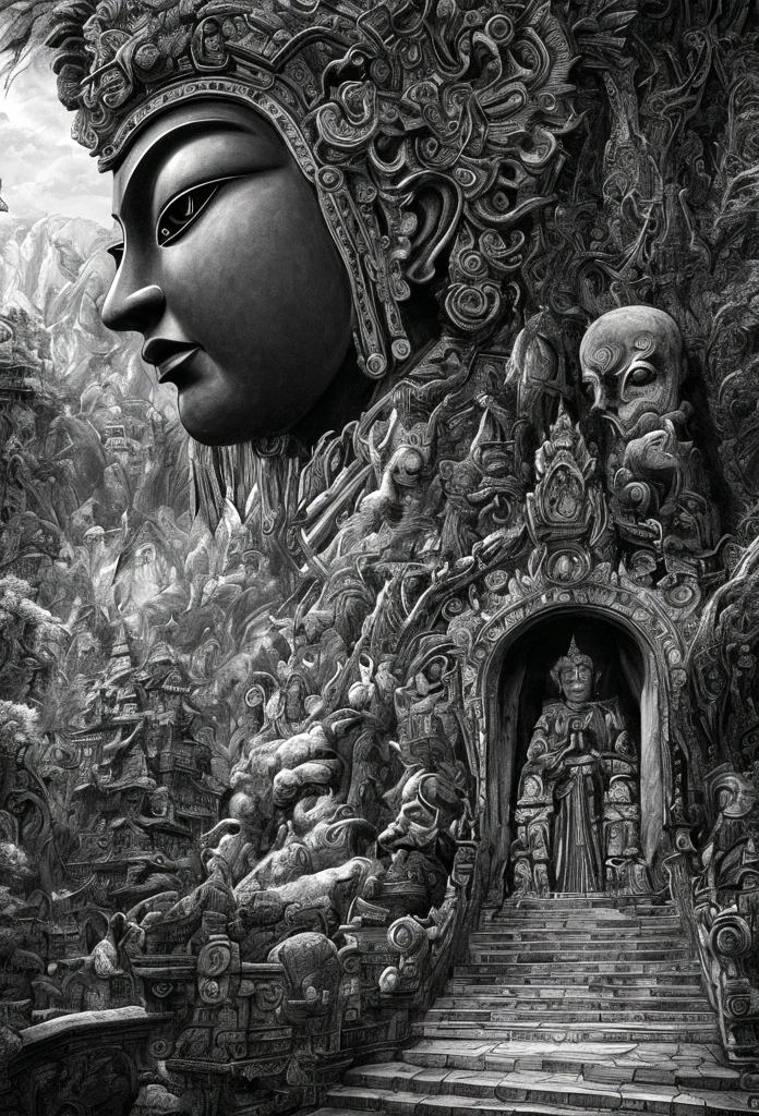 The artwork of this masterpiece is mainly in dark style,In the distance stands a gorgeous black Buddha statue,Huge and awesome。Pilgrims on the road slowly walked along the solemn stone steps,Seeing this magnificent sight。The details are extremely exquisite,It's hard to stop and watch。Official art shows high-quality craftsmanship,Bringing unimaginable visual experience to the audience。This painting is HD 8K wallpaper,Take you into a mysterious and sacred world。