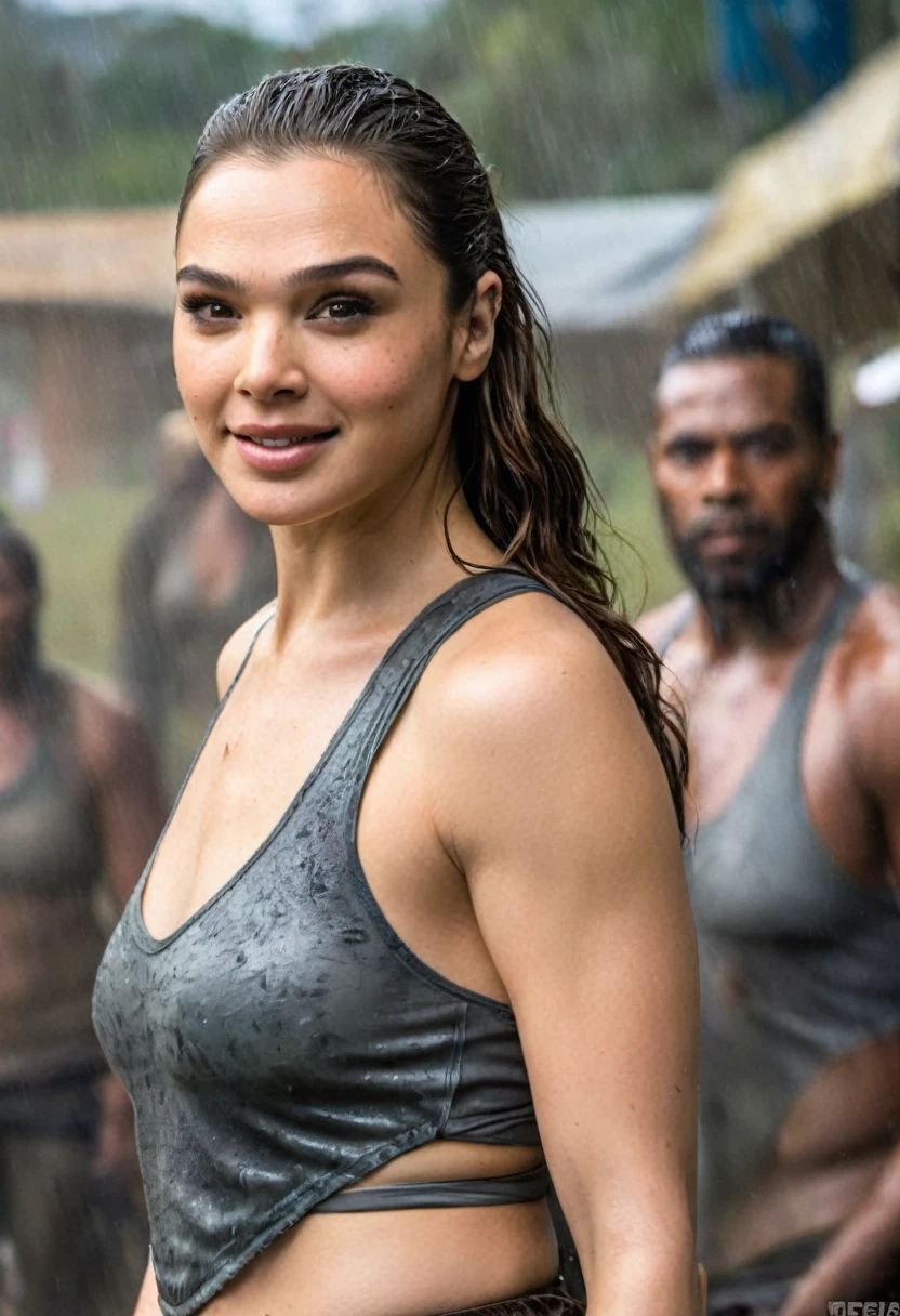  high quality  Erotic shot of GalGadot as Hailee Steinfeld (hail33 woman, long brown hair, long brown hair pulled back, smiling ) , cute smile, movie  still , extremely long straight hair :1.5, The Walking Dead Series , she is wearing a transparent  sweaty tank top , extremely wet hair ,standing , tanned skin , tight breast, erect nipples , cool wet apocalyptic area background , abs on belly, strong fit arms,  , celebrity, female,  woman, hollywood actress, random angle, erotic angles, random move, random action ,huge chest, deep cleavage ,seductive, tired woman, slight smile , fit muscular woman  ,  depth of field, insanely detailed skin texture, hyper detailed features 