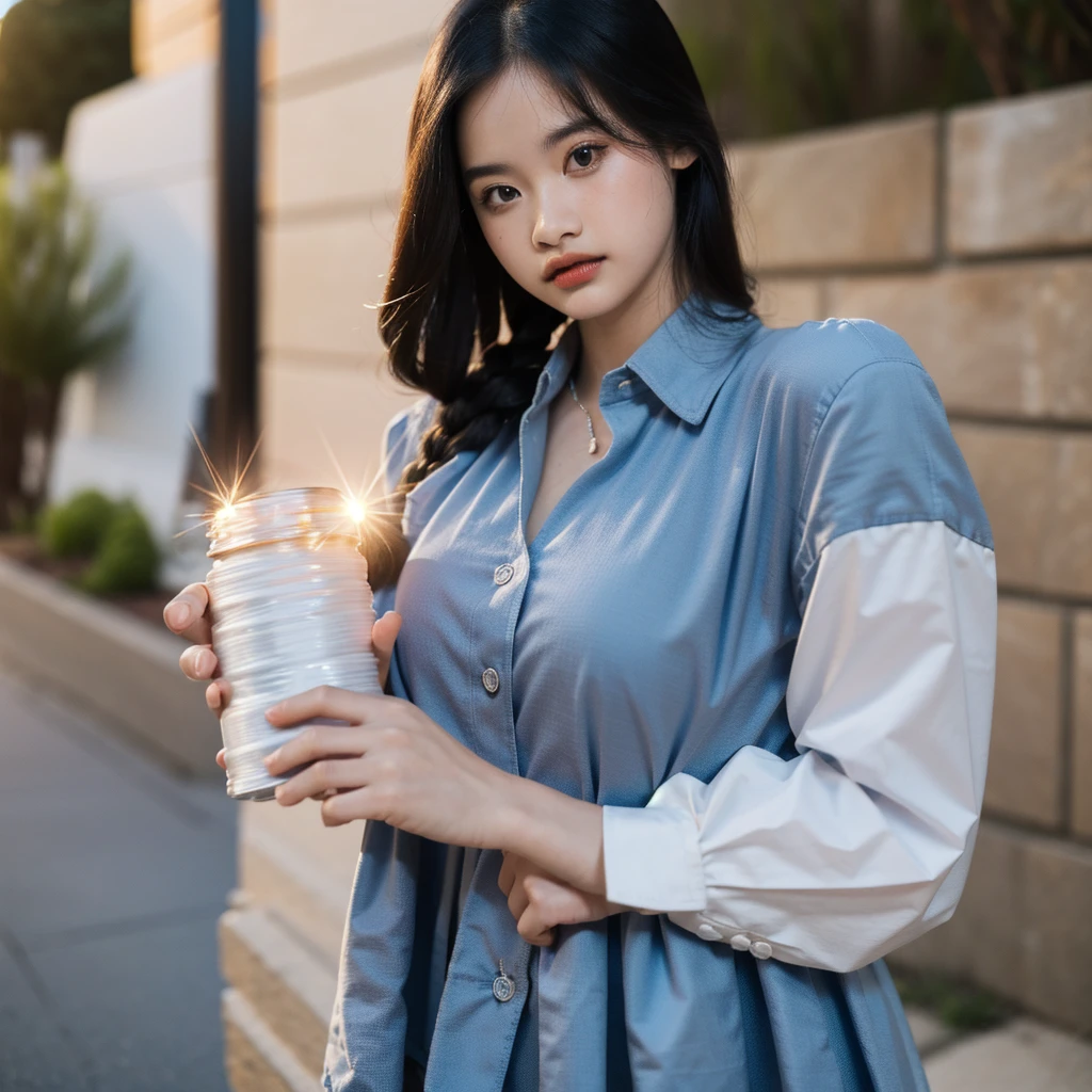 absurdres, high resolution, (high quality, masterpiece:1.2), cowboy shot, (lens flare, glitters), ((unbuttoned shirt)), realism, vanhvanh, youth, cute, ((breasts out)), junior highschool uniform