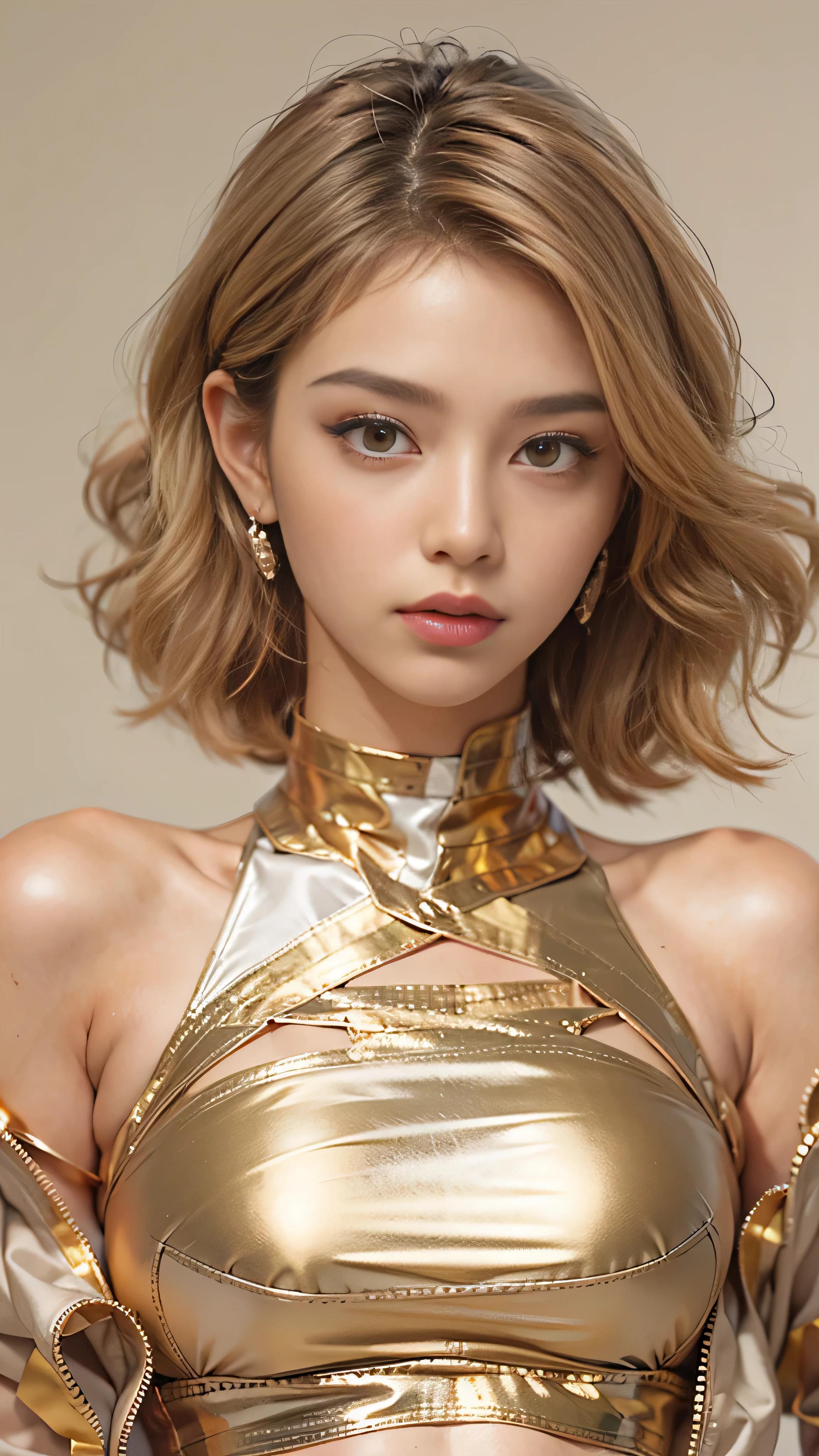 (masutepiece:1.3), High resolution, High definition 8K wallpaper realism, Detailed beautiful face, White skin, Realistic glowing skin, Detailed fabric texture, Detailed hair texture, accurate and anatomically correct, Detailed face and skin texture, Natural neck length, (Beautiful Hands), (White skin:1.2), Thin legs, Narrow eyes, Symmetrical eyes, Light brown eyes, double eyelid, Thin eyebrows, (Glossy lips:1.4), (A face that captivates men:1.3), (Red face:1.1), (The perfect and ultimate 24-year-old fashion model that everyone admires:1.3), (Sexy gold bandeau bikini:1.2), Beautiful small breasts, Pointed Chest, 9-head-to-body ratio, slender, Toned Abs, (Light brown short hair:1.2), (Asymmetrical bangs:1.2), (Bold pose on bed:1.2)