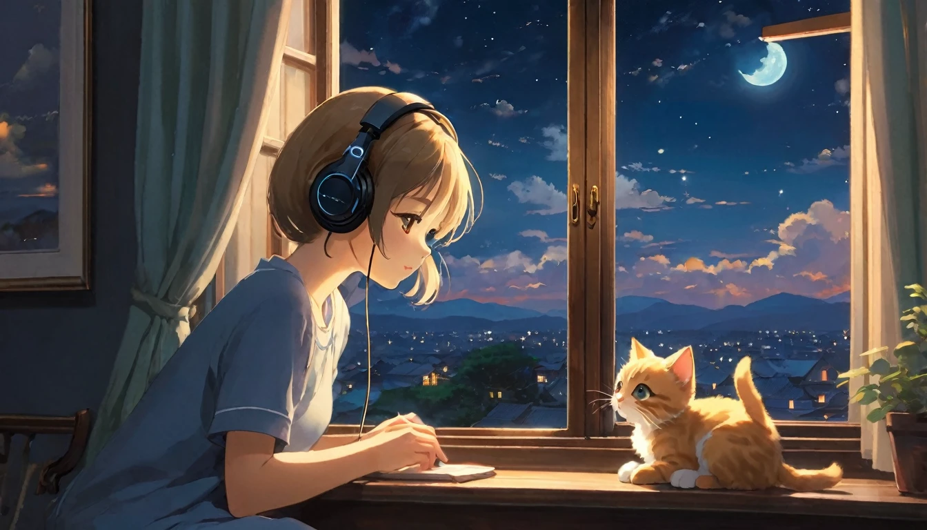 The style of Ghibli animation，The night sky appears deep and calm，The clouds are very thick，The moonlight shines through the gaps in the clouds，Appear soft and warm。A girl，Sitting by the window，Wearing headphones，There is a cute kitten next to it，His eyes were staring into the distance，My thoughts wander in the cold night of Beginning of Winter，There is a touch of tranquility and warmth on the face。(best quality,4k,8K,High resolution,masterpiece:1.2),Extremely detailed.
