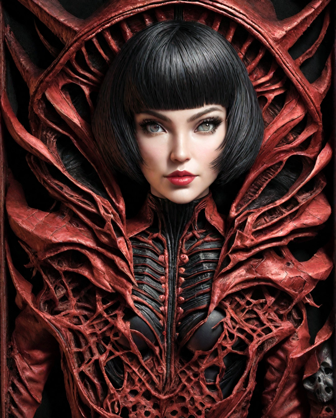 A woman with black pixie cut hair, dressed in black tights, black boots, black crop top, and red leather jacket,Sci-Fi, centralized portrait, Seb Mckinnon, H.R. Giger, Eldritch, Karol Bak, Mixed Media, Hyperrealism, Photorealism,[octane render]