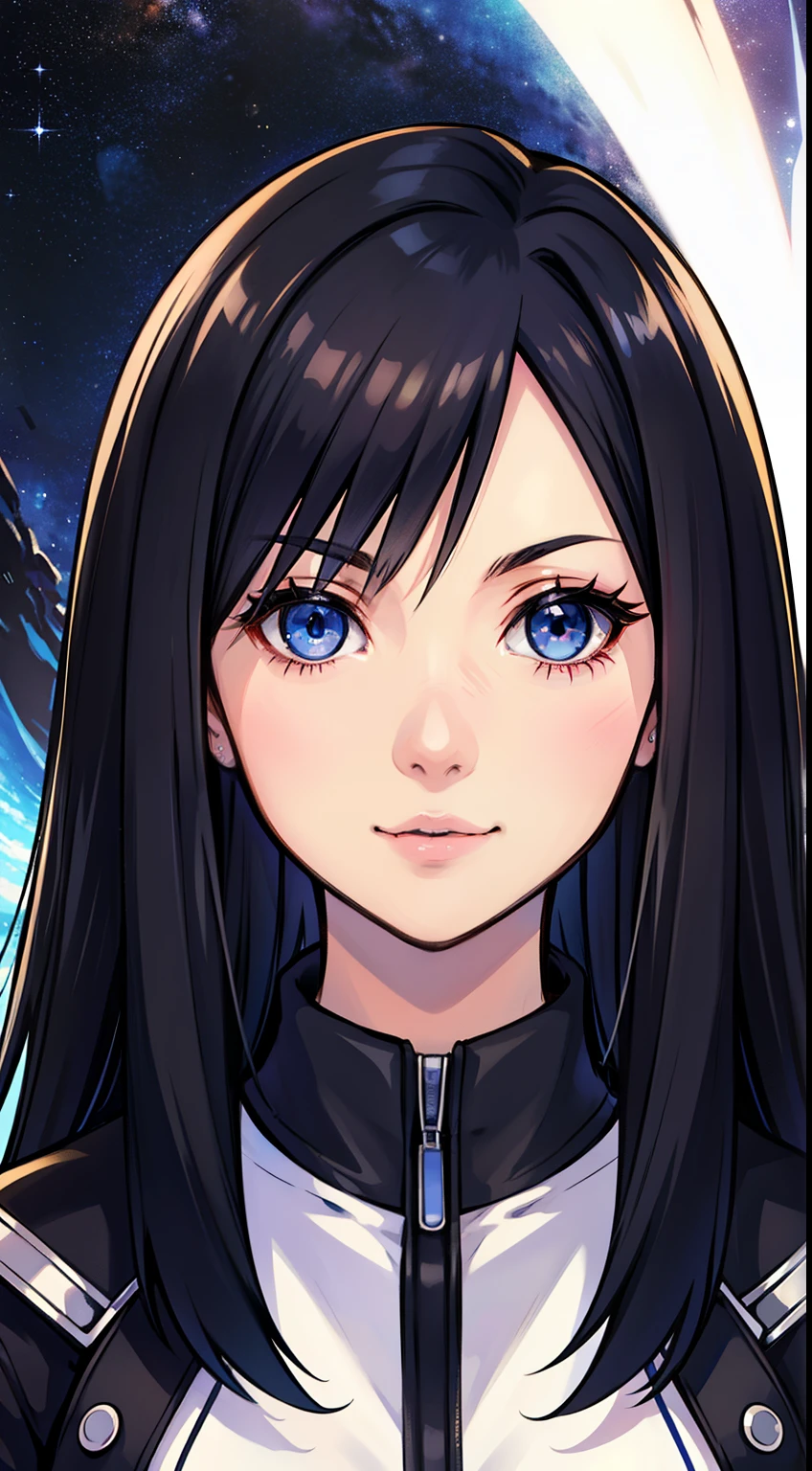 (high-quality, breathtaking),(expressive eyes, perfect face) Symmetrical Eyes, portrait, nomura tetsuya, nomura tetsuya art style, Kingdom Hearts, 1girl, female, black hair color, dark blue eye colors, hair between eyes, long hair length, neutral expression, feminine face, cute smile, black long sleeved jacket, open jacket, white shirt, black jeans, facing towards viewer, black background, official art, starry night, kingdom hearts outfit
