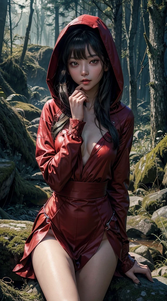 (8K, Raw photography, top-quality, ​masterpiece:1.2),  One Woman、Japan at the age of 18,fullllbody.{scinematic angle、Wide Angle、Don't split the screen、}（Realistic Skins 1.4）、（red riding hood、Wear a crimson hood）、（（（red hoods、Red dress、Black stockings、high-heels）））、（（（In the dark forest、In a deep eerie forest　、Pitch black night、Deep fog）））（（traces of wiping blood from the mouth,,,,,,,,,,,,,,,,,,,,,,、Red Eyes、Black and long nails））、50mm Lens、30mm film、wide angles、（long、straight haired、）、（A dark-haired、The forehead is hidden by bangs、）、Black eyes、shinny skin、Beautiful delicate face、Beautiful delicate eyes、｛tiny chest、uscular body、｝、