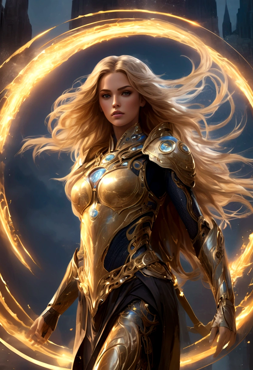a tall lady warrior in perfect body proportion, perfect face, perfect body, futuristic royal regalia, wet cloak, very long-golden hair, blowing hair, weapon-armor, google helmet, medusa head, one hand pointing the sky, high heels, chakra-golden rays surrounded, mystical aura, ethereal, fire element, death massive-flames in background, dark moon, unreal engine, cinema art photographic, cinematic motion picture, 8k, super detailed, bottom view, bottom camera angle