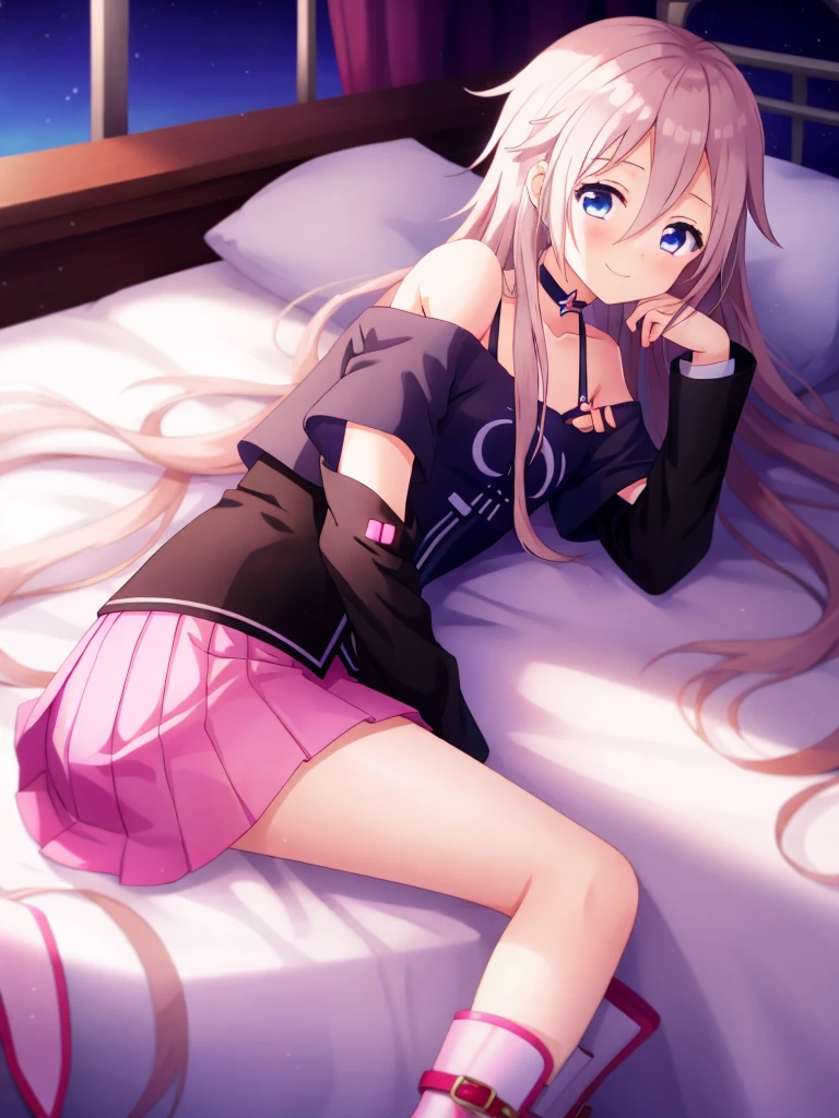 one girl, IA, vocaloid, skirt, black shirt, off shoulder, choker, beautiful, happy, boots, naive, lying on bed