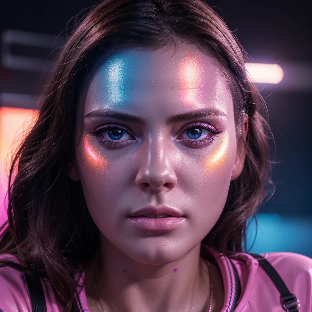 1girl, colorful theme, synthwave sky,(best quality, high quality, high resolution), realistic, ultra-detailed, highly detailed face features, absurdres, realistic lighting and reflections, highly detailed face features, see through shirt, best photo,high quality illustration