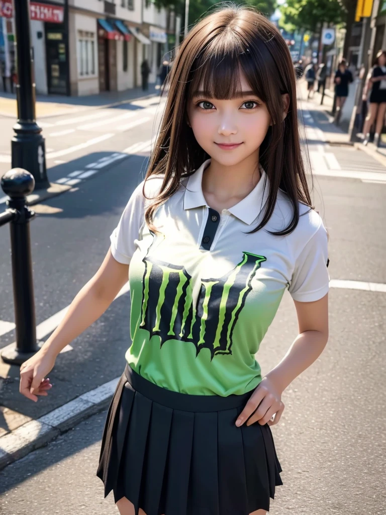 (8k, RAW Photos, Highest quality, masterpiece:1.2), (Realistic, photo-Realistic:1.4), (Highly detailed 8K wallpapers), ((Full Body Shot)), (1 girl), Sharp focus, Depth of written boundary, Cinematic lighting, Soft Light, 緻密な美しさのeye, eye_Chan, Very beautiful 17 year old girl, innocent big eyes, Realistic, photo Realistic, Highly detailed cute girl, (Thin thighs), (Model Body Type), 18-year-old, (((Monster Energy Yamaha MotoGP polo shirt))), ((Micro Mini Pleated Skirt)), (((Fold your arms in front of your chest and act arrogantly))), ((A happy smile)), Parted lips, Watching the audience, (On the streets of Britain) , (Brown Hair),(Long Bob Hair), (Asymmetrical bangs)